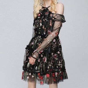 Vintage Flower Embroidered Mesh Dress